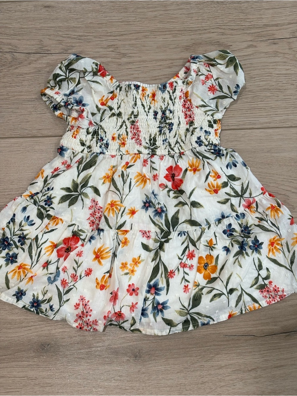 Girls' Floral Smocked Swiss Dot Short-Sleeve Dress